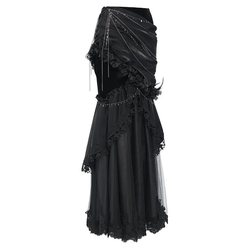 Gothic-Rock mit Rosenkette, asymmetrischem Faltenrock im Meerjungfrauenstil für Damen