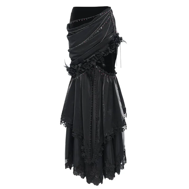 Gothic-Rock mit Rosenkette, asymmetrischem Faltenrock im Meerjungfrauenstil für Damen
