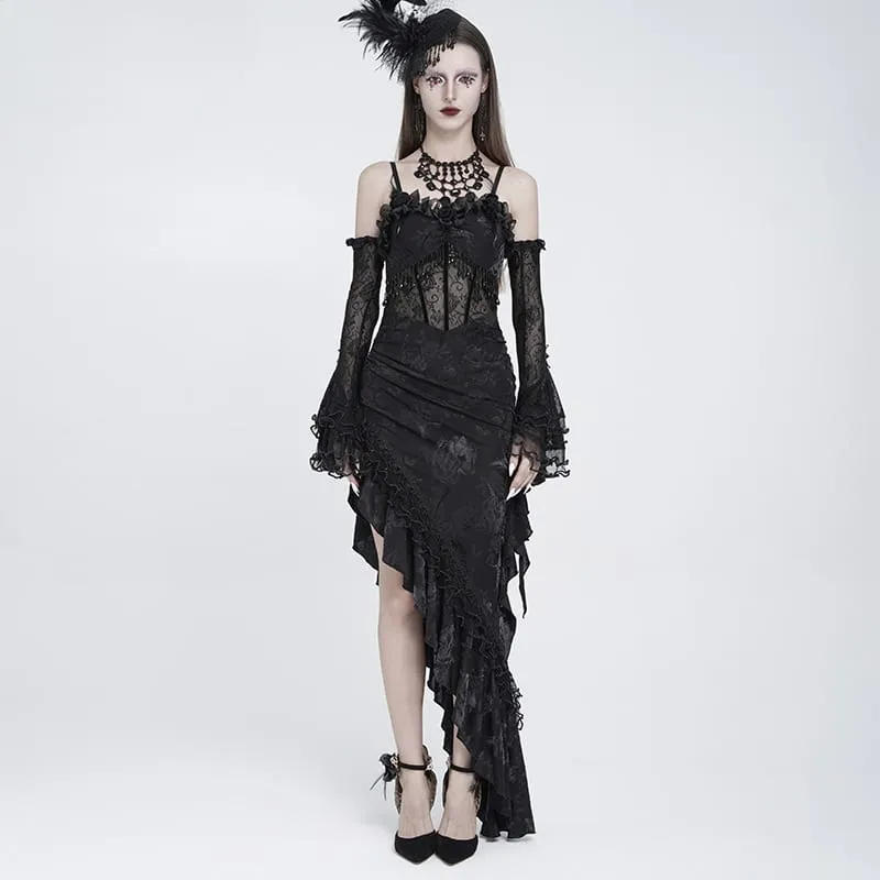 Gothic-Kleid für Damen mit Rosenrüschen, Perlenfransen und asymmetrischem Saum – Abschlusskleid