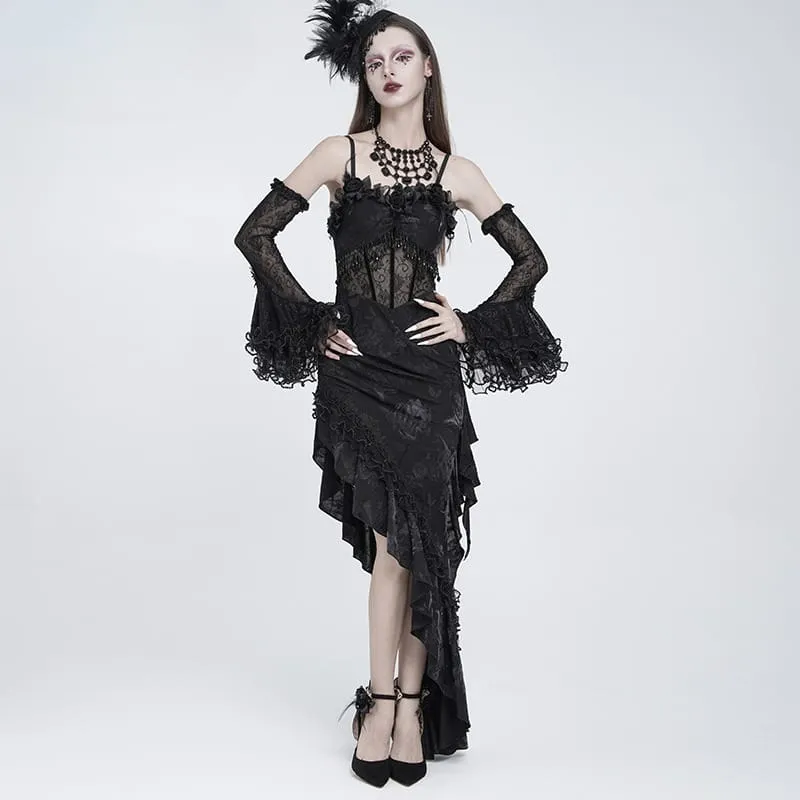 Gothic-Kleid für Damen mit Rosenrüschen, Perlenfransen und asymmetrischem Saum – Abschlusskleid