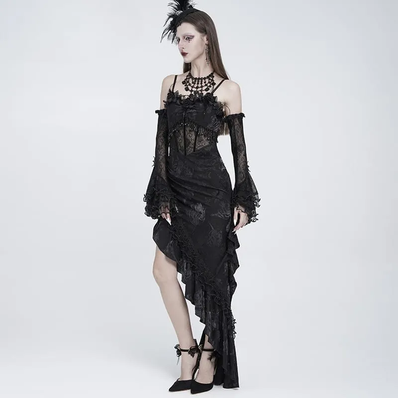 Gothic-Kleid für Damen mit Rosenrüschen, Perlenfransen und asymmetrischem Saum – Abschlusskleid