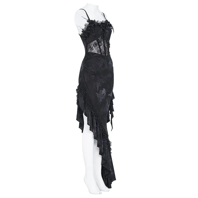 Gothic-Kleid für Damen mit Rosenrüschen, Perlenfransen und asymmetrischem Saum – Abschlusskleid