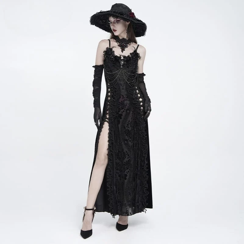 Gothic-Brautkleid für Damen mit Blumenmuster, seitlicher Schnürung, Perlenbesatz, Rüschen und Kettenverzierungen