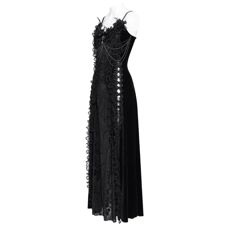 Gothic-Brautkleid für Damen mit Blumenmuster, seitlicher Schnürung, Perlenbesatz, Rüschen und Kettenverzierungen