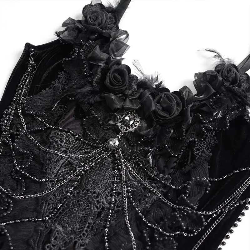 Gothic-Brautkleid für Damen mit Blumenmuster, seitlicher Schnürung, Perlenbesatz, Rüschen und Kettenverzierungen