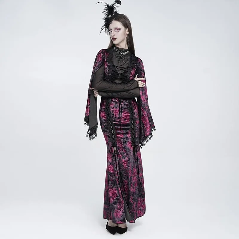 Gothic-Maxikleid aus Samt mit Schnürung, Mesh-Einsätzen, tiefem V-Ausschnitt und schwarzer/roter Farbkombination – ideal als Hochzeitskleid.