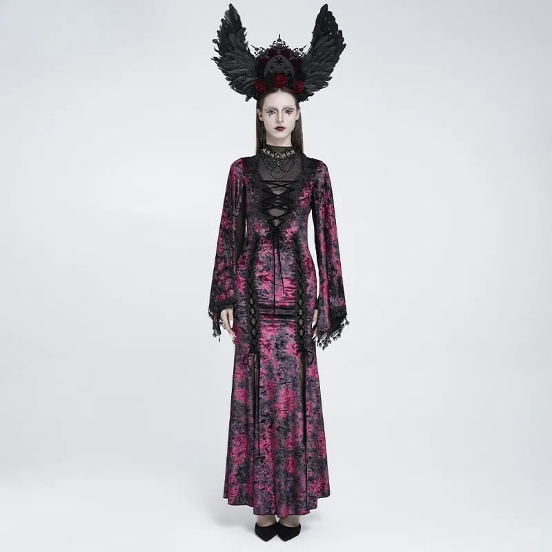 Gothic-Maxikleid aus Samt mit Schnürung, Mesh-Einsätzen, tiefem V-Ausschnitt und schwarzer/roter Farbkombination – ideal als Hochzeitskleid.