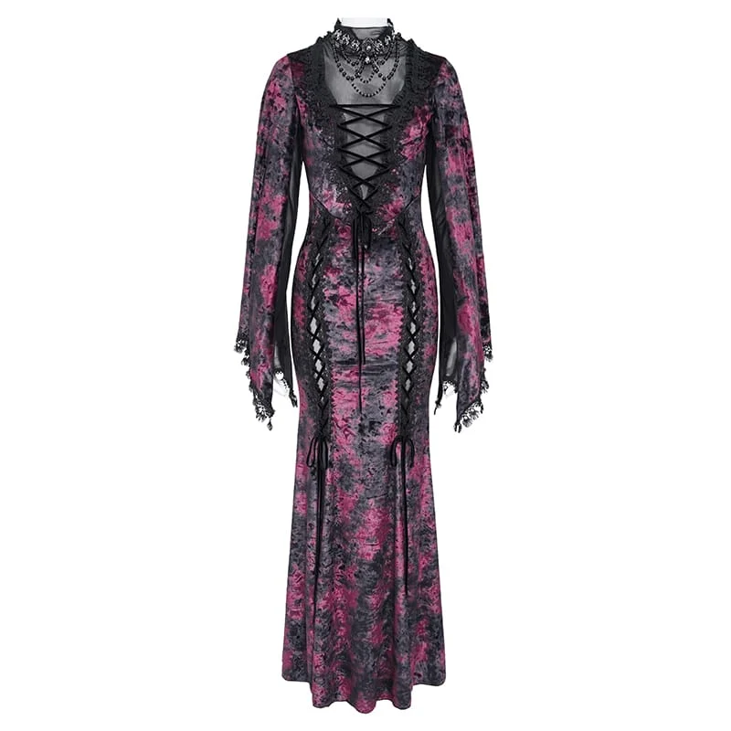 Gothic-Maxikleid aus Samt mit Schnürung, Mesh-Einsätzen, tiefem V-Ausschnitt und schwarzer/roter Farbkombination – ideal als Hochzeitskleid.