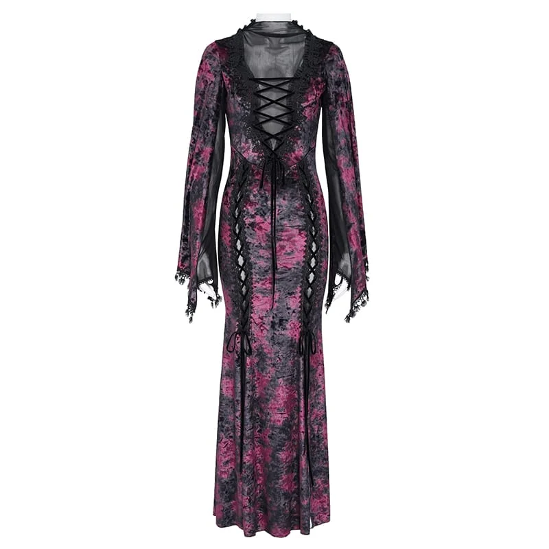 Gothic-Maxikleid aus Samt mit Schnürung, Mesh-Einsätzen, tiefem V-Ausschnitt und schwarzer/roter Farbkombination – ideal als Hochzeitskleid.