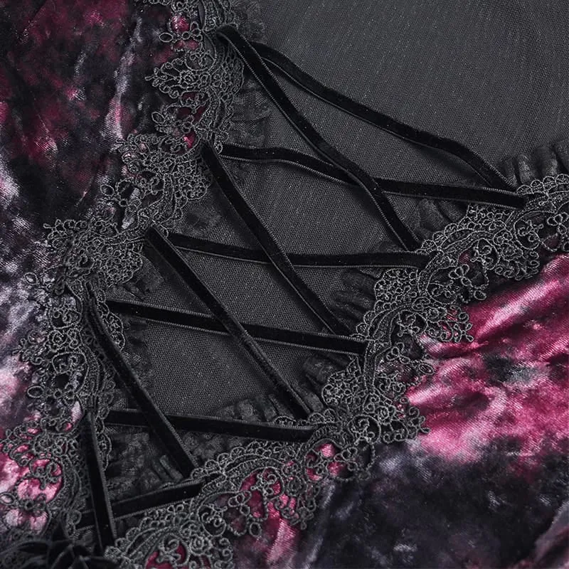 Gothic-Maxikleid aus Samt mit Schnürung, Mesh-Einsätzen, tiefem V-Ausschnitt und schwarzer/roter Farbkombination – ideal als Hochzeitskleid.