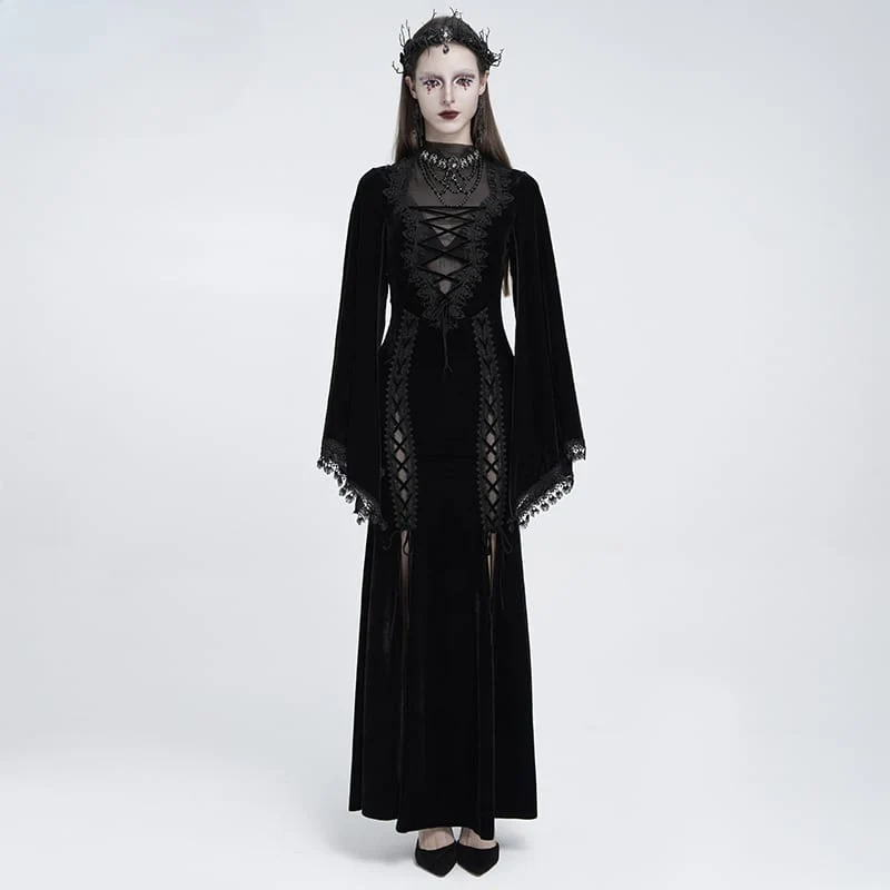 Schwarzes Gothic-Maxikleid aus Samt mit Schnürung, Mesh-Einsätzen, tiefem V-Ausschnitt und ideal als Hochzeitskleid