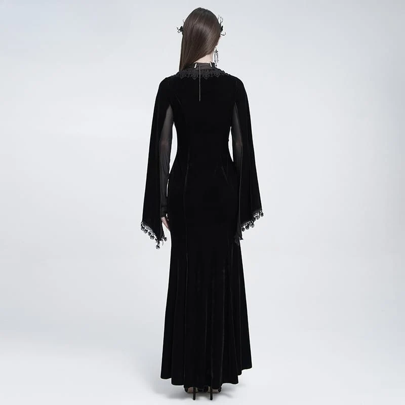 Schwarzes Gothic-Maxikleid aus Samt mit Schnürung, Mesh-Einsätzen, tiefem V-Ausschnitt und ideal als Hochzeitskleid