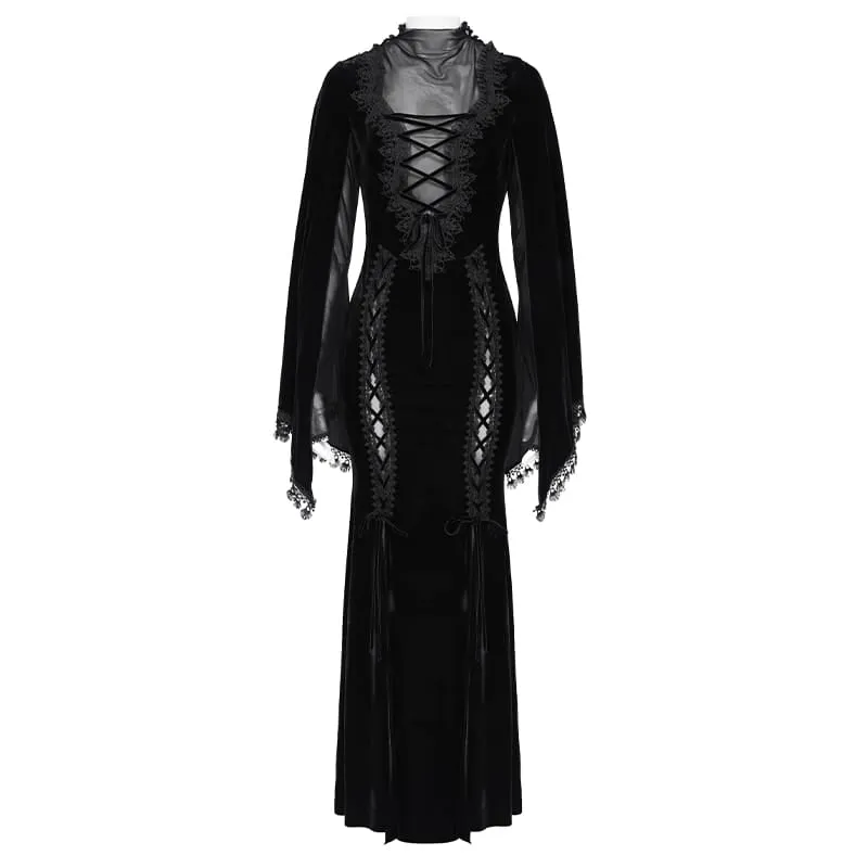 Schwarzes Gothic-Maxikleid aus Samt mit Schnürung, Mesh-Einsätzen, tiefem V-Ausschnitt und ideal als Hochzeitskleid