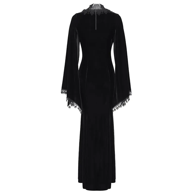 Schwarzes Gothic-Maxikleid aus Samt mit Schnürung, Mesh-Einsätzen, tiefem V-Ausschnitt und ideal als Hochzeitskleid