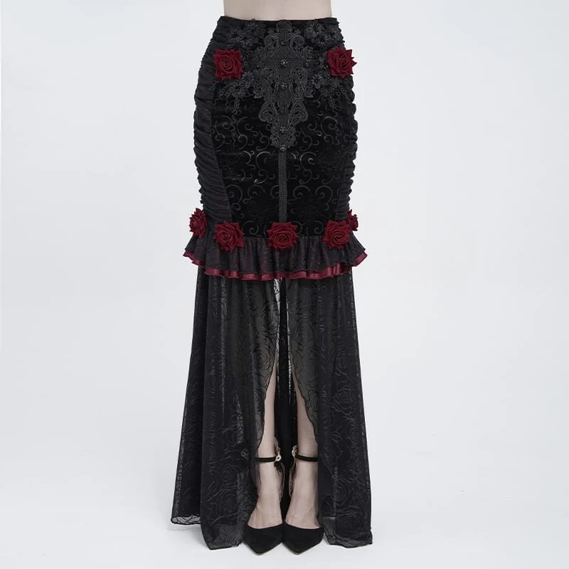 Gothic-Rüschenrock mit Rosenmuster, Meerjungfrauenschnitt, lang, schwarz-rot