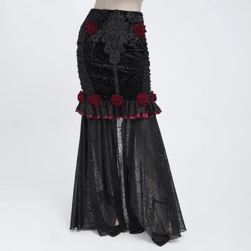 Gothic-Rüschenrock mit Rosenmuster, Meerjungfrauenschnitt, lang, schwarz-rot