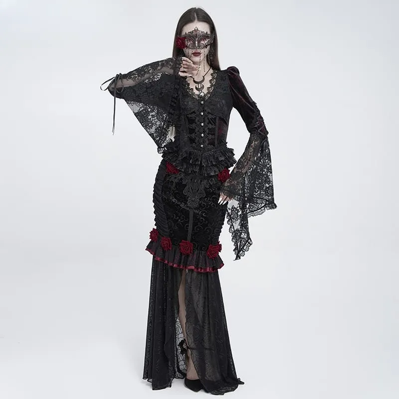 Gothic-Rüschenrock mit Rosenmuster, Meerjungfrauenschnitt, lang, schwarz-rot