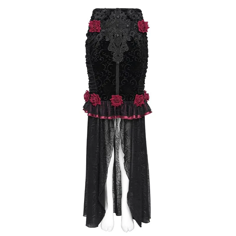 Gothic-Rüschenrock mit Rosenmuster, Meerjungfrauenschnitt, lang, schwarz-rot