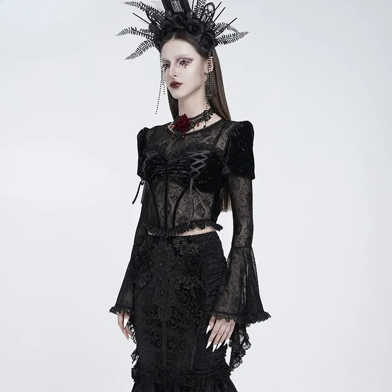 Gothic-Schnür-Samtoberteil für Damen mit Rosenmuster, Mesh-Einsätzen, Puffärmeln und ausgestelltem Rock