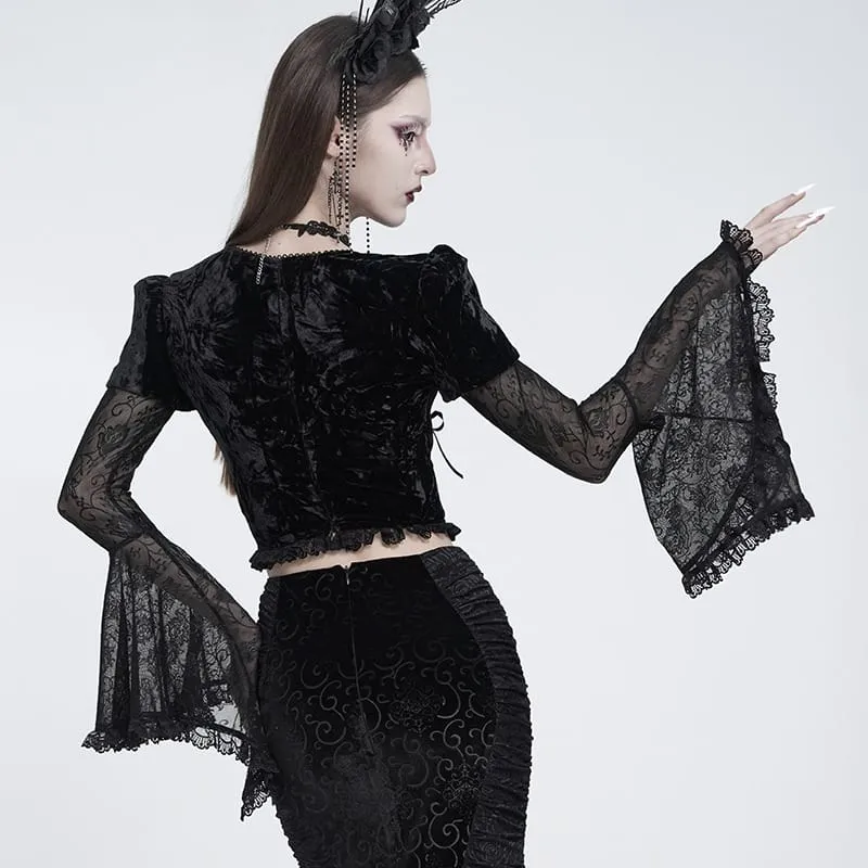 Gothic-Schnür-Samtoberteil für Damen mit Rosenmuster, Mesh-Einsätzen, Puffärmeln und ausgestelltem Rock