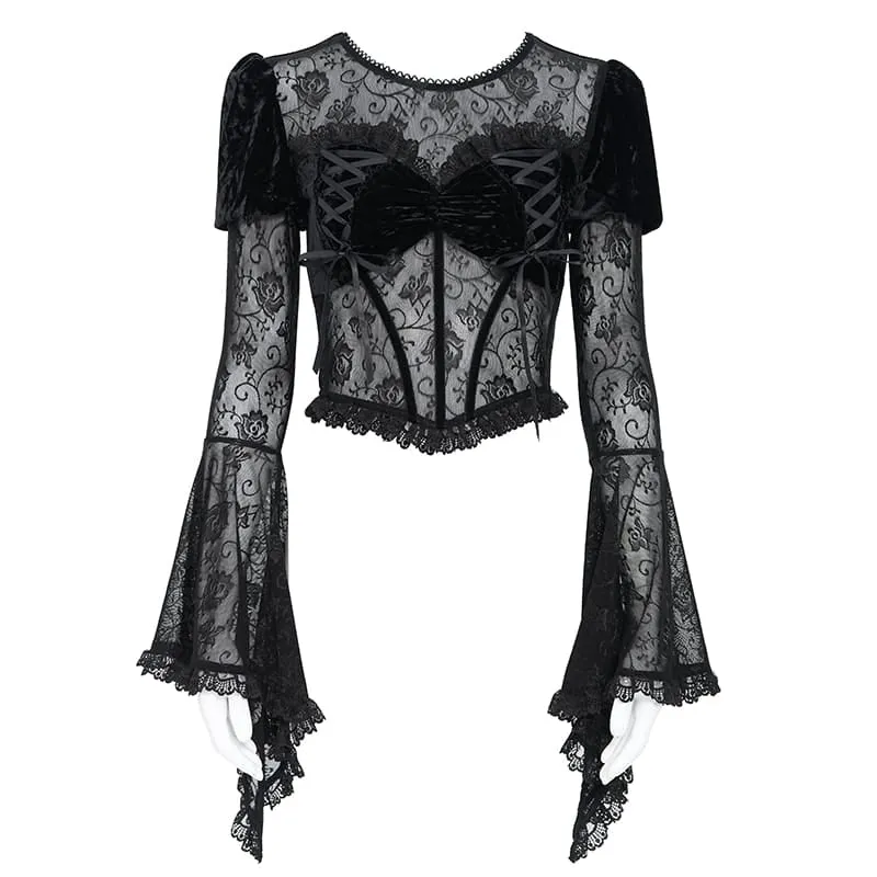 Gothic-Schnür-Samtoberteil für Damen mit Rosenmuster, Mesh-Einsätzen, Puffärmeln und ausgestelltem Rock