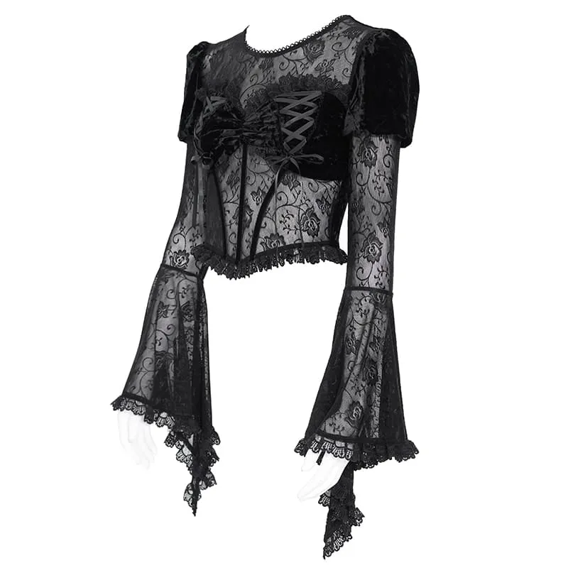 Gothic-Schnür-Samtoberteil für Damen mit Rosenmuster, Mesh-Einsätzen, Puffärmeln und ausgestelltem Rock