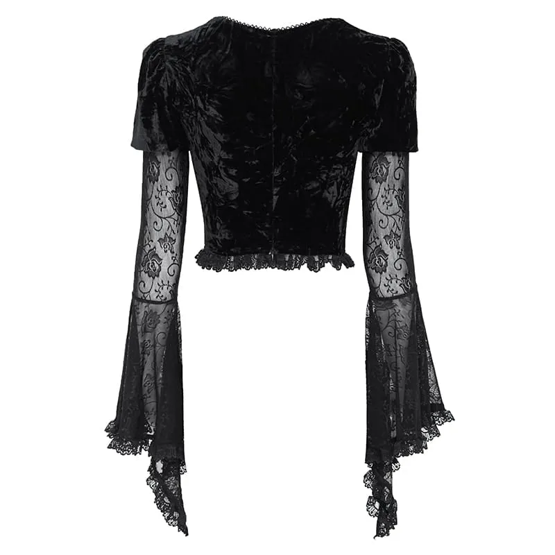 Gothic-Schnür-Samtoberteil für Damen mit Rosenmuster, Mesh-Einsätzen, Puffärmeln und ausgestelltem Rock