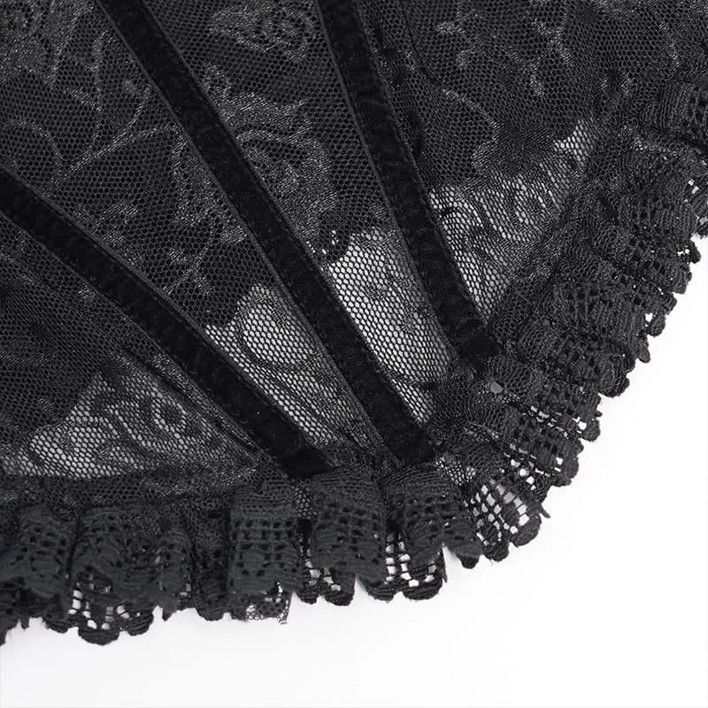 Gothic-Schnür-Samtoberteil für Damen mit Rosenmuster, Mesh-Einsätzen, Puffärmeln und ausgestelltem Rock