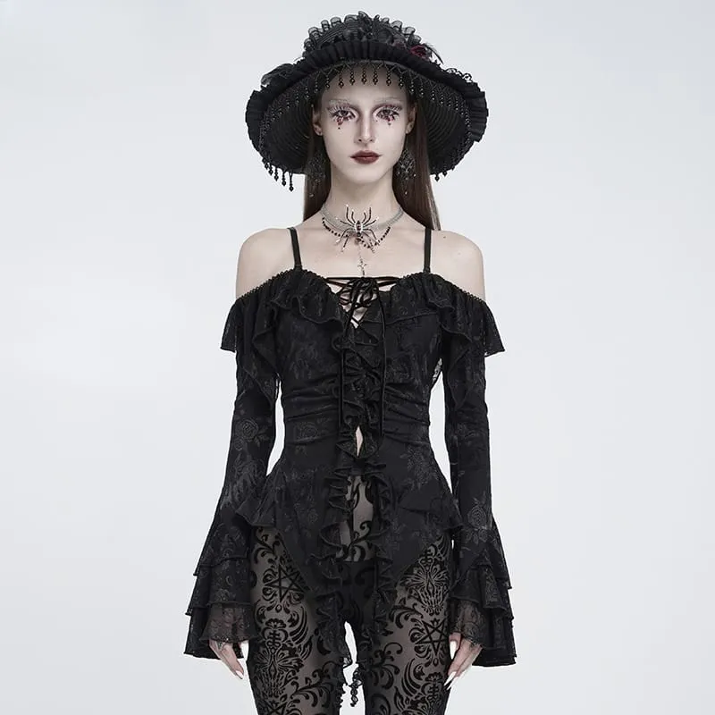 Gothic-Damenoberteil mit Schnürung, Rüschen, schulterfreiem Ausschnitt und ausgestellten Ärmeln