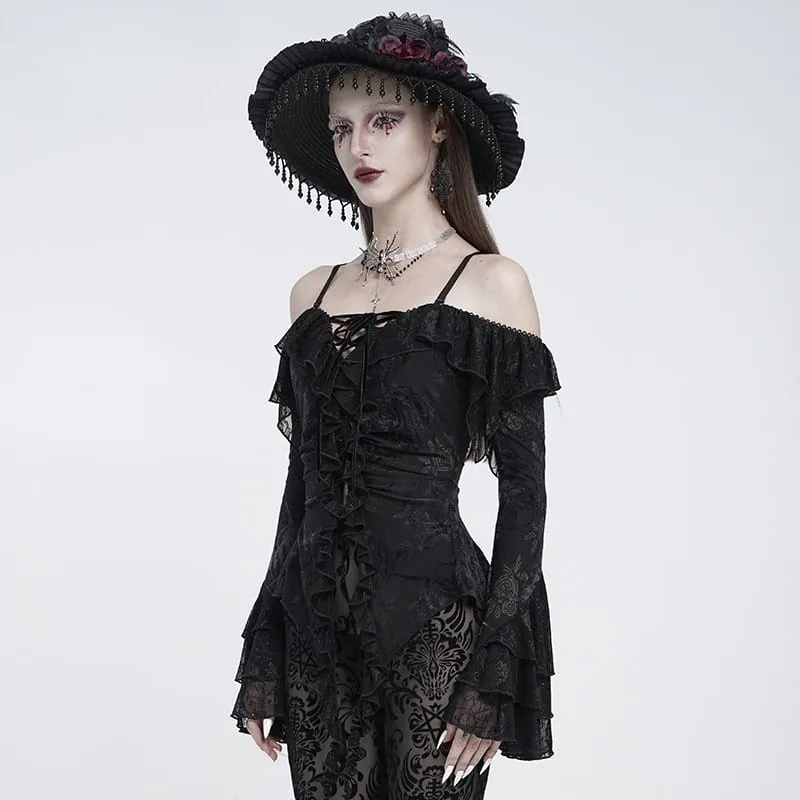 Gothic-Damenoberteil mit Schnürung, Rüschen, schulterfreiem Ausschnitt und ausgestellten Ärmeln