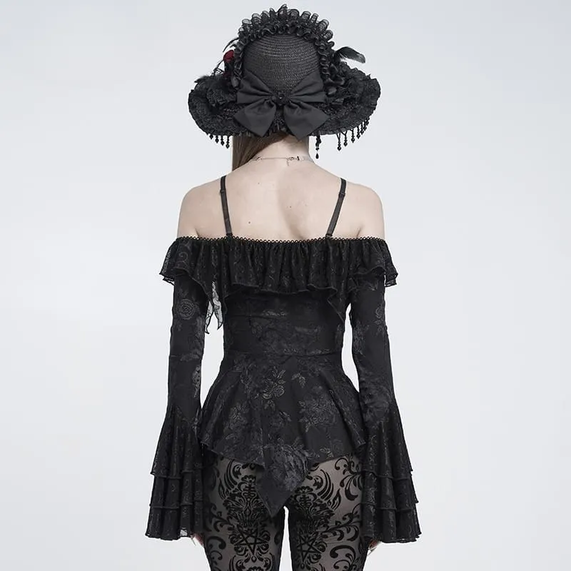 Gothic-Damenoberteil mit Schnürung, Rüschen, schulterfreiem Ausschnitt und ausgestellten Ärmeln