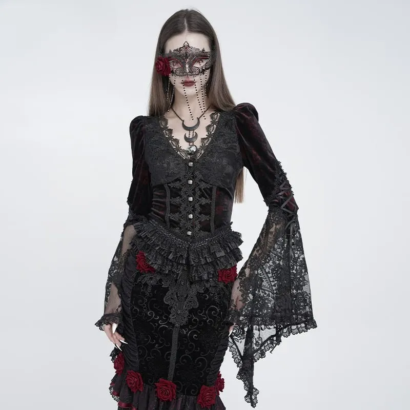 Gothic-Bluse für Damen mit tiefem V-Ausschnitt, Schnürung, floraler Spitze und ausgestellten Ärmeln, Schwarz-Rot