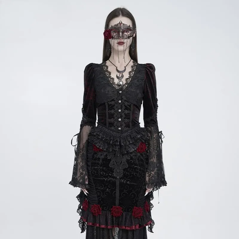 Gothic-Bluse für Damen mit tiefem V-Ausschnitt, Schnürung, floraler Spitze und ausgestellten Ärmeln, Schwarz-Rot
