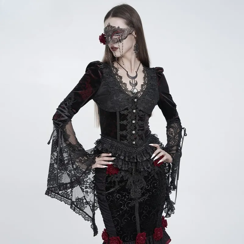 Gothic-Bluse für Damen mit tiefem V-Ausschnitt, Schnürung, floraler Spitze und ausgestellten Ärmeln, Schwarz-Rot