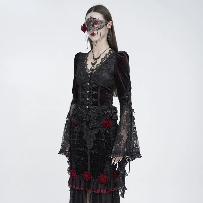 Gothic-Bluse für Damen mit tiefem V-Ausschnitt, Schnürung, floraler Spitze und ausgestellten Ärmeln, Schwarz-Rot