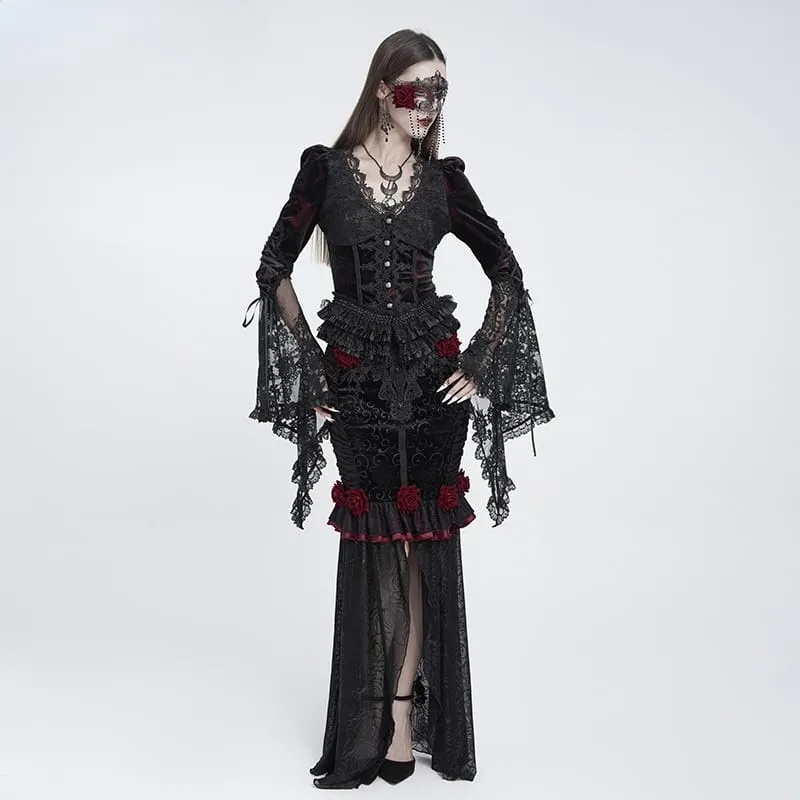 Gothic-Bluse für Damen mit tiefem V-Ausschnitt, Schnürung, floraler Spitze und ausgestellten Ärmeln, Schwarz-Rot