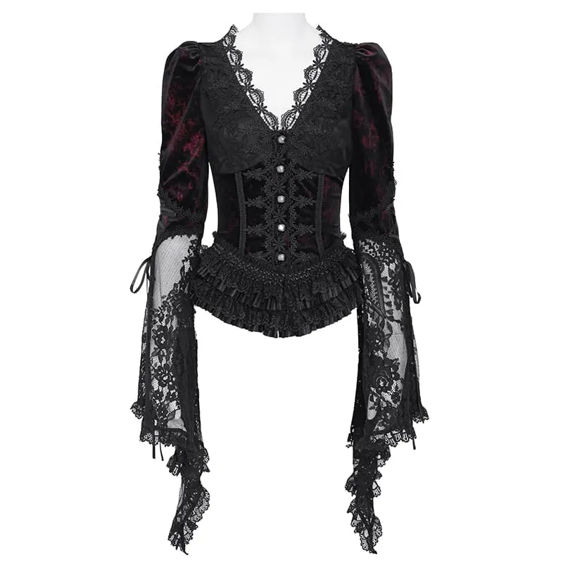 Gothic-Bluse für Damen mit tiefem V-Ausschnitt, Schnürung, floraler Spitze und ausgestellten Ärmeln, Schwarz-Rot