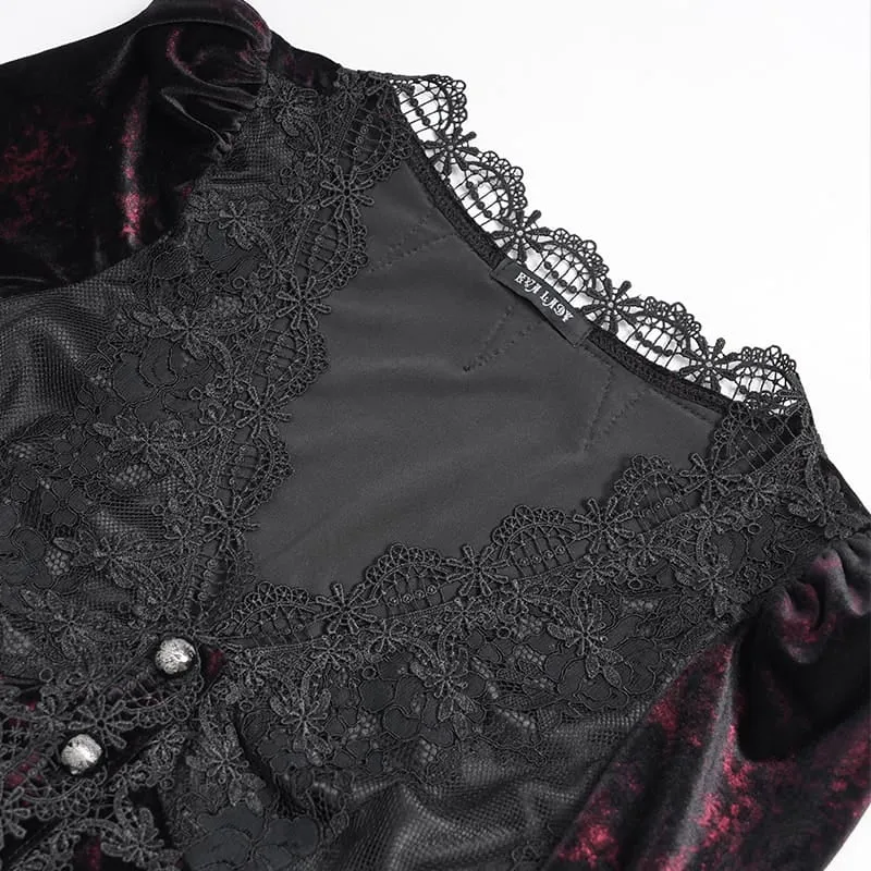 Gothic-Bluse für Damen mit tiefem V-Ausschnitt, Schnürung, floraler Spitze und ausgestellten Ärmeln, Schwarz-Rot