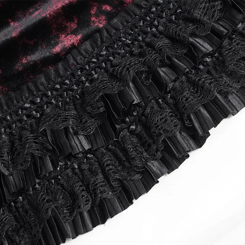 Gothic-Bluse für Damen mit tiefem V-Ausschnitt, Schnürung, floraler Spitze und ausgestellten Ärmeln, Schwarz-Rot