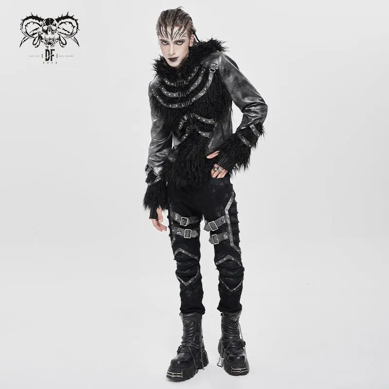 Herrenmantel mit Punk-Nietenriemen und Plüsch-Kapuze