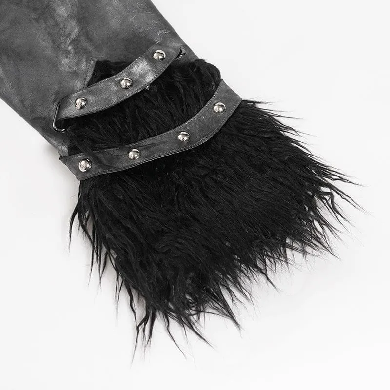 Herrenmantel mit Punk-Nietenriemen und Plüsch-Kapuze