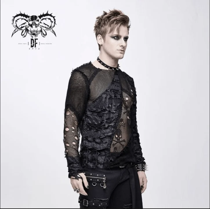 Herren Punk Skull Ripped Langarmshirts
