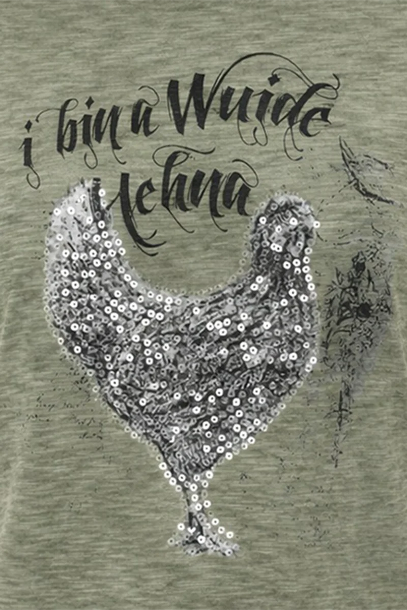 Damen Trachtenshirt mit Hennenmotiv und Pailletten - dunkelgrün