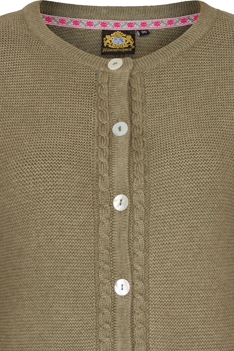 Damen Trachten-Strickjacke mit Zopfstrickmuster und Perlmuttknöpfen - lindgrün