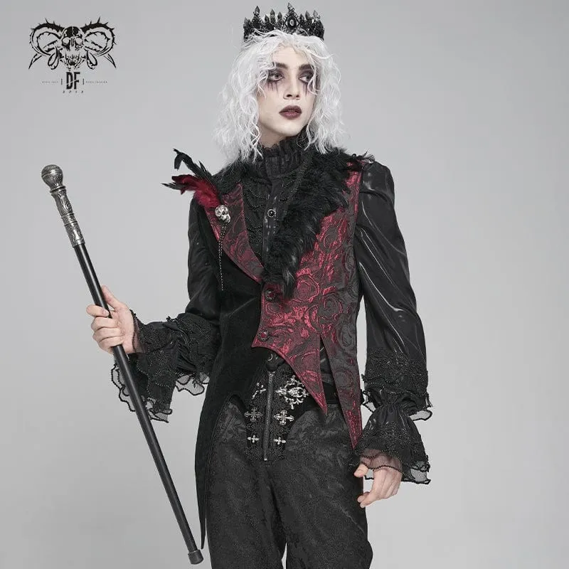 Gothic-Weste für Herren mit unregelmäßigem Rosendruck in Kontrastfarbe und abnehmbarem Feder-Accessoire