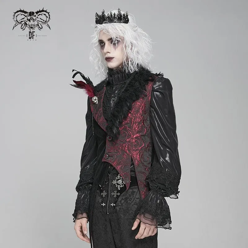 Gothic-Weste für Herren mit unregelmäßigem Rosendruck in Kontrastfarbe und abnehmbarem Feder-Accessoire