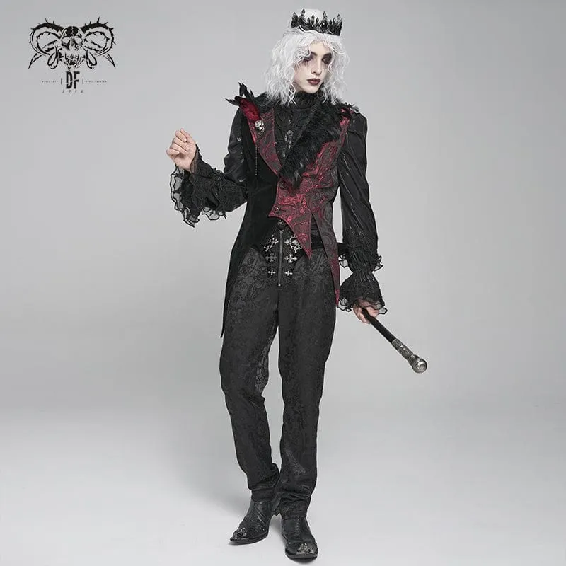 Gothic-Weste für Herren mit unregelmäßigem Rosendruck in Kontrastfarbe und abnehmbarem Feder-Accessoire