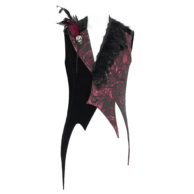 Gothic-Weste für Herren mit unregelmäßigem Rosendruck in Kontrastfarbe und abnehmbarem Feder-Accessoire