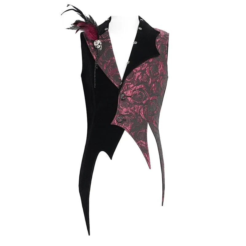 Gothic-Weste für Herren mit unregelmäßigem Rosendruck in Kontrastfarbe und abnehmbarem Feder-Accessoire