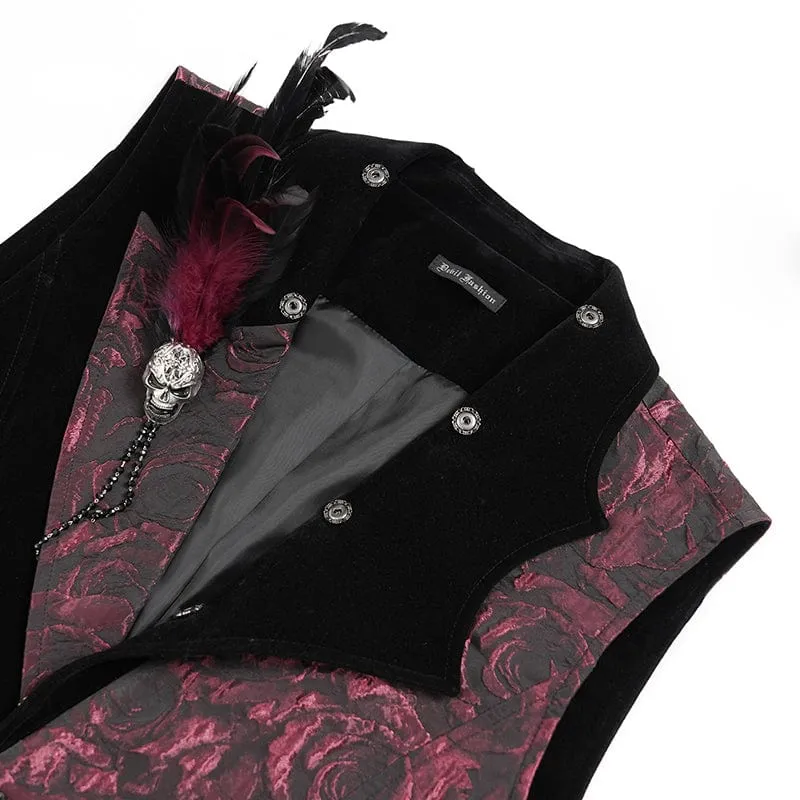 Gothic-Weste für Herren mit unregelmäßigem Rosendruck in Kontrastfarbe und abnehmbarem Feder-Accessoire